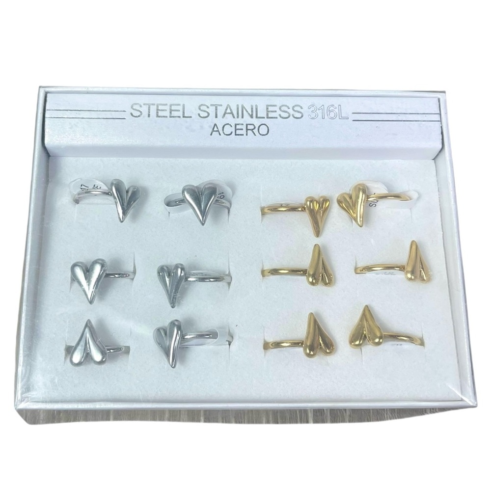 Stainless Steel Heart V Ring Set - Silver & Gold